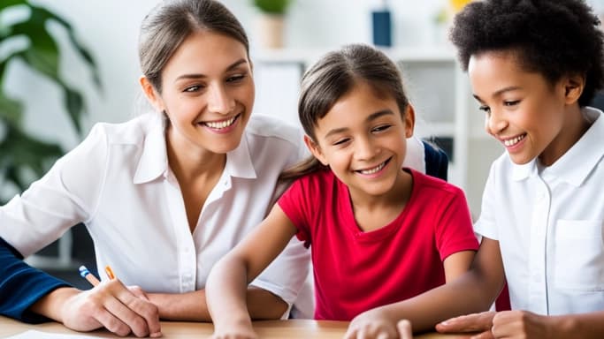 Une mère et deux enfants souriant autour d’une table