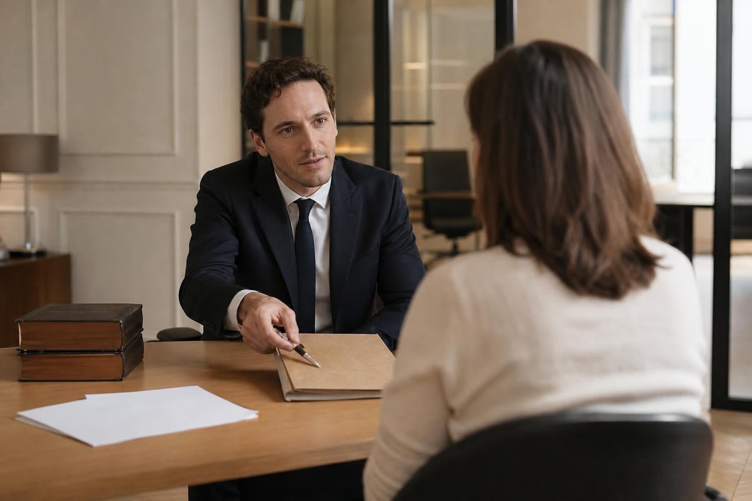 Un homme en costume noir est assis à un bureau et discute avec une femme vue de dos dans un cabinet sobre.