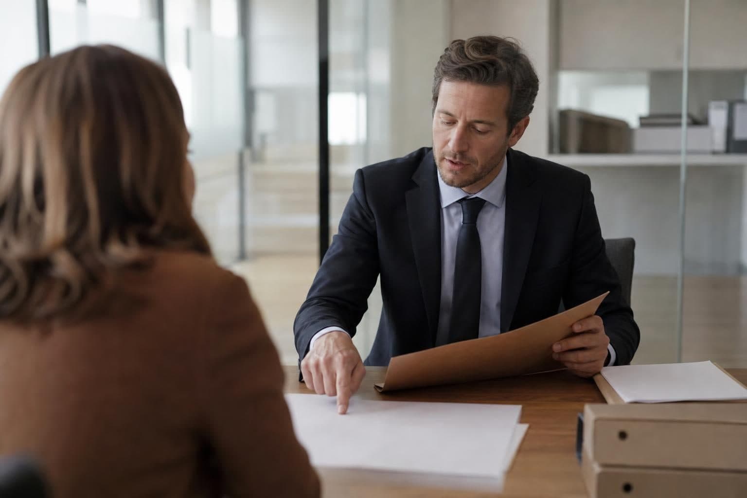 Un homme en costume assis à un bureau montre des documents à une femme vue de dos dans un bureau vitré sobre.